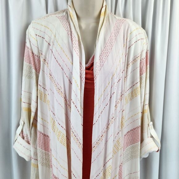🍑Cato Ivory Striped Lightweight Adjustable Roll Tab Long Sleeve Duster Large - Picture 4 of 14